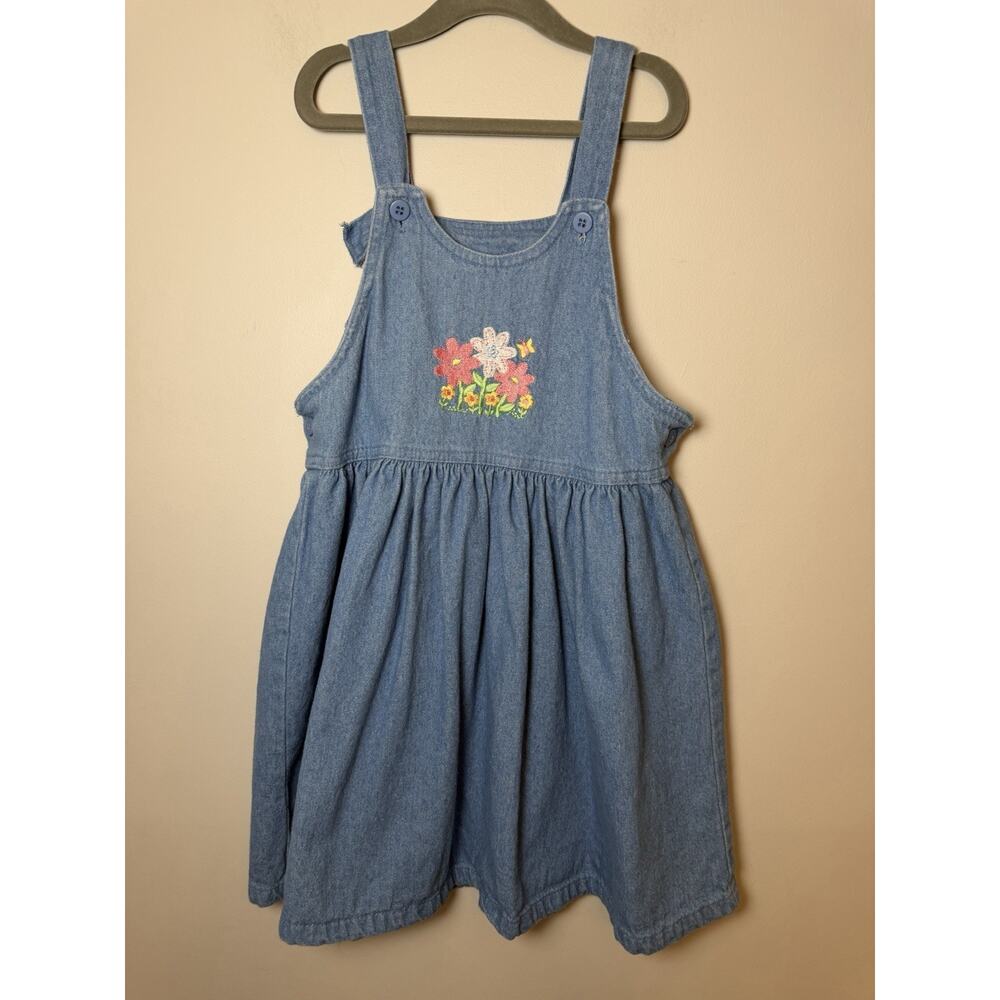 Vintage Girls Club By Healthtex Girls Sz 7 Denim Jumper Dress Floral Embroidery
